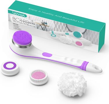VOYOR Back Brush Shower Brush Body Brush Electric Back Scrubber with Long Handle Waterproof Rechargeable with 4 Cleaning Heads for Spa Shower Exfoliating Massage Brush BC100 (Purple)