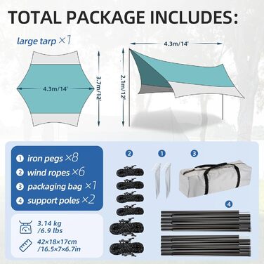 Тент Forceatt Zeltplane 3.7x4.3 м: ультралегкий, водонепроникний, з 6 кріпильними точками. Підходить для кемпінгу, піших прогулянок та відпочинку на природі. Колір: темно-синій & сірий.