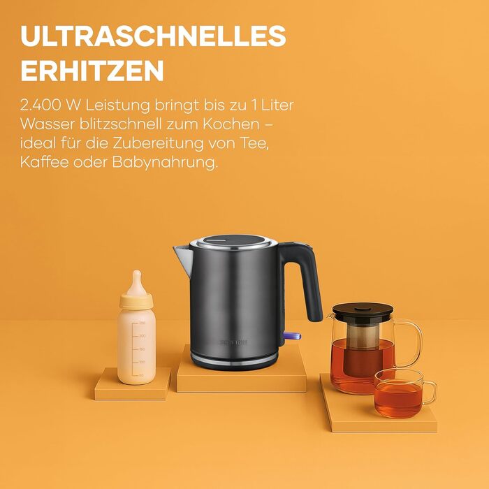 Електричний чайник SEVERIN WK 3489, 1 л, чорний/нержавіюча сталь, з індикатором рівня води та фільтром від накипу