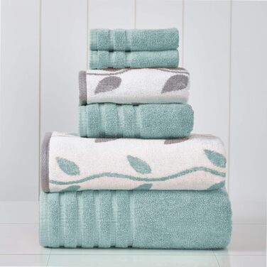 Amrapur Overseas Towel Set, yarn-dyed, organic fronds, jacquard/solid, ultra-soft, 500 g/m², 100% combed cotton, Aqua, 6-piece