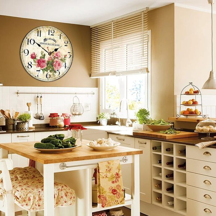 Toudorp Wooden Wall Clock, Arabic Numerals, Easy to Read, Silent Wall Clock, Retro, Battery Operated, Cafe and Flower Pattern, Decorative Wall Clock for Bedroom, Living Room, Dining Room (Pink Roses, 8 inches)