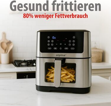 Фритюрниця Alpina Heißluft XXL: Цифрова фритюрниця Air Fryer на 8 літрів, 1800W, для 4-6 осіб, з таймером до 2 годин, 80-200°C