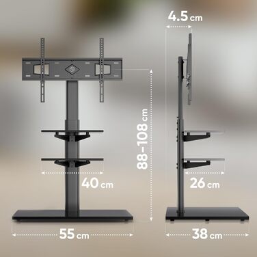 Настінна/Підлогова стійка для телевізора ONKRON TS5550-B: поворотна, регульована по висоті, VESA 600x400, 2 полиці, чорне скло