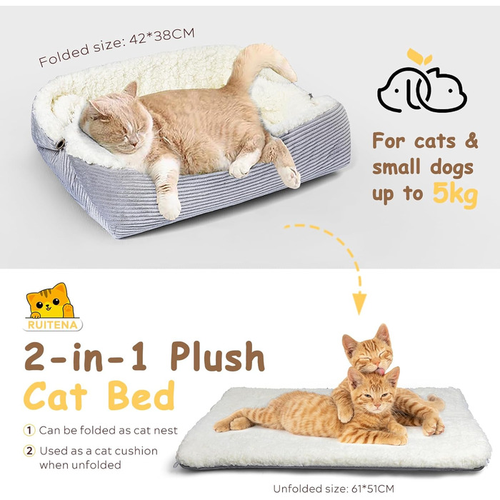 Самогріючі котячі ліжка для дому, 2-в-1, трансформовані ліжка для котів та маленьких собак, миються, складаються, килимок для собак/котів Pubby