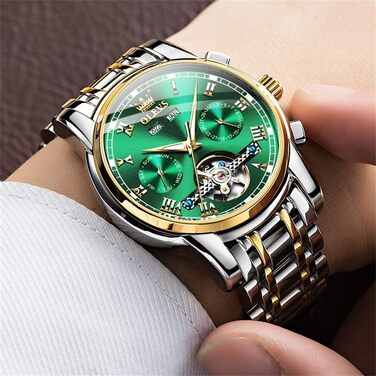 Чоловічий годинник OLEVS 6607 Кварцовий зі спортивним дизайном (диск колеса), водонепроникний, сталь, підсвітка, Зелений/Золотий