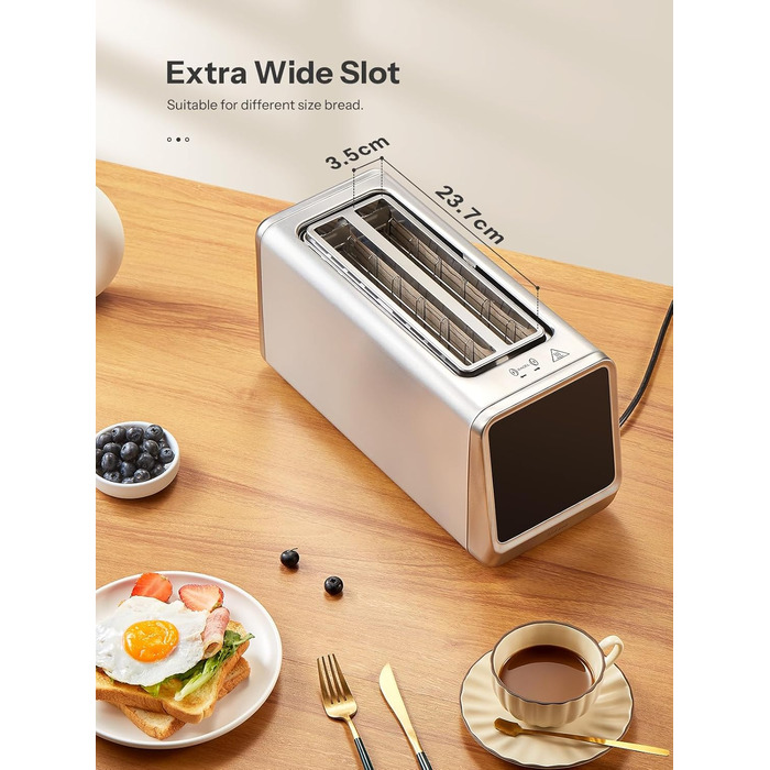 Тостер з нержавіючої сталі з сенсорним екраном та функцією пам'яті, 4-х слайсова модель з 6 рівнями підсмажування та 5 режимами для хліба, функціями розморожування та підігріву, технологією Single Slot