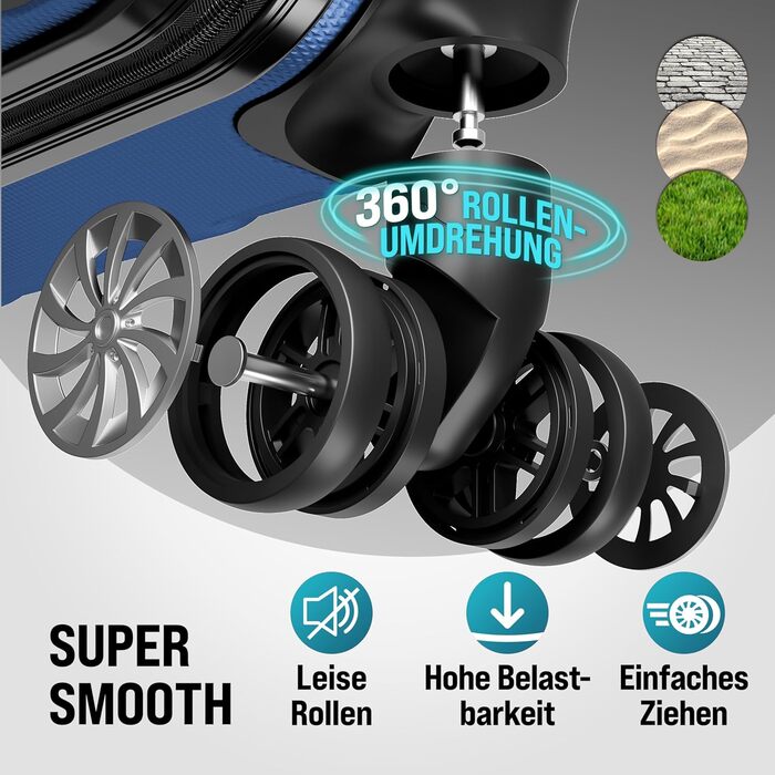 Набір валіз MONZANA® 4шт з органайзером, вагами, ременем, гелевими ручками, колесами та підставкою. Чотири розміри (S, M, L, XL). Валіза-тролей, жорсткий корпус, блакитний колір.