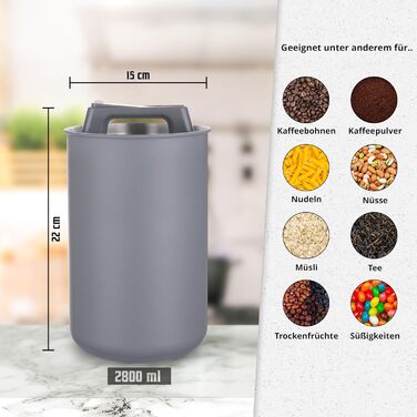 Контейнер для кави KC Kitchen & Co. 1 кг, нержавіюча сталь, вакуумний клапан, сірий матовий (2800 мл)