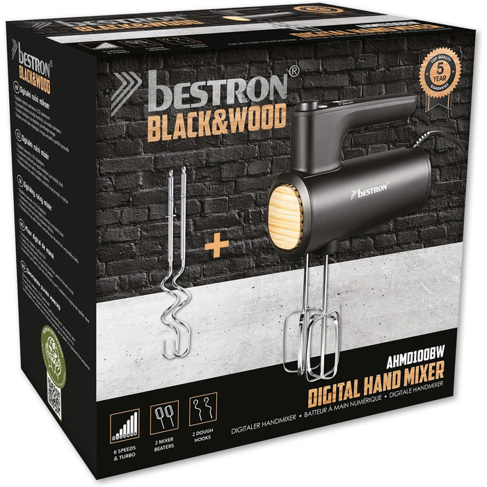 Міксер ручний Bestron Power з 6 швидкостями, Turbo-функцією та LCD-дисплеєм. В комплекті: 2 вінчики та 2 гаки для тіста. Легкий (1 кг), колір: чорний/дерево