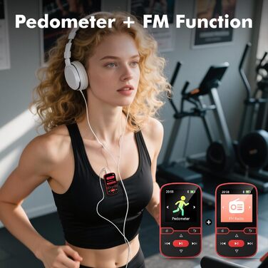 MP3 плеєр 64GB Bluetooth 5.3 з кліпсою, Hi-Fi, для спорту, з FM-радіо, диктофоном, крокоміром, підтримка картки до 128GB, червоний
