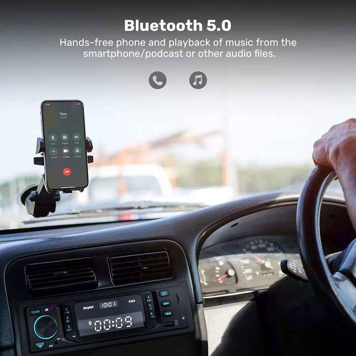 Автомагнітола 1 DIN Avylet Bluetooth 5.0, RDS/FM/AM, 7 кольорів підсвітки, USB, AUX-IN, MP3, підтримка 30 радіостанцій, функція гучного зв'язку