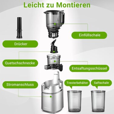 AMZCHEF Automatic All-in-One Juicer, 135MM Opening and 1.8L Juicer for Vegetables and Fruit, 250W Juicer Slow Juicer Test Winner with Triple Filter - Silver
