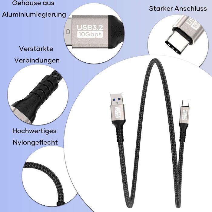 Кабель USB-A на USB-C 0.5м, 10 Гбіт/с, 60W, 3A, для iPhone 16/15/Pro Max, Samsung Galaxy S24/S23/S22/S21, iPad Pro, SSD та інших пристроїв