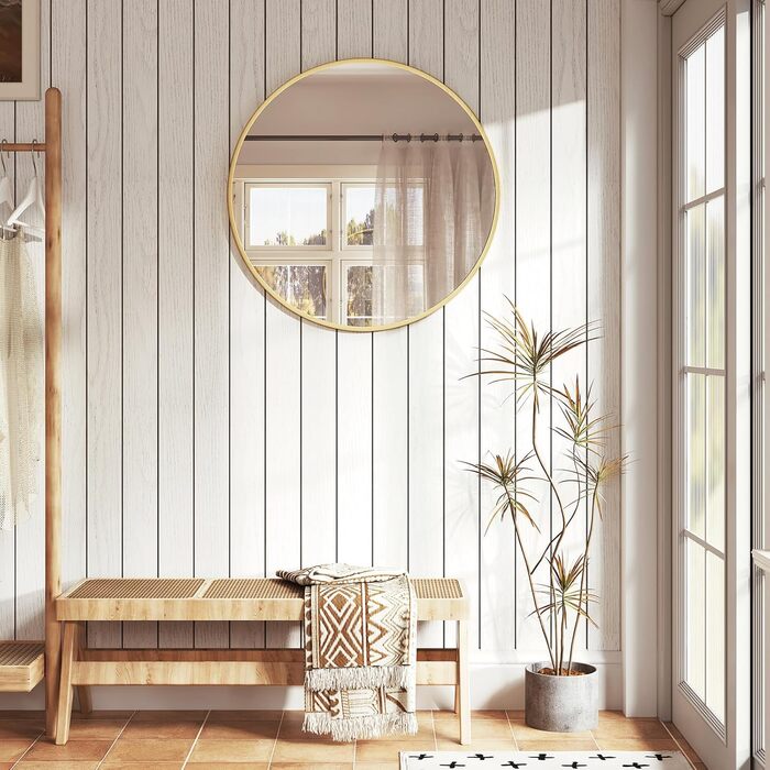 Круглий настінний дзеркало WOLTU 40 см з рамою, декоративне для ванної, спальні, вітальні, коридору, з металу, скла та MDF, золотий (71 x 71 см)