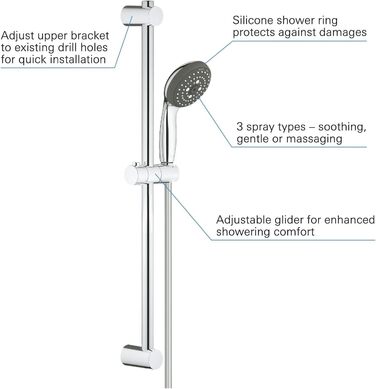 Душова лійка GROHE Vitalio Start 100, хром, кругла, з набором для стійки, 3 струмені, водозберігаюча