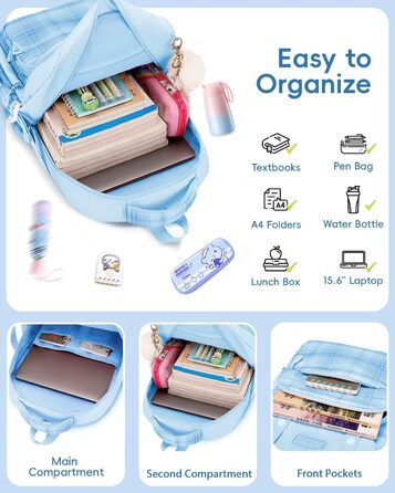 Шкільний рюкзак Tanou для дівчаток-підлітків, великий набір з сумкою через плече, в клітинку, 26L, блакитний
