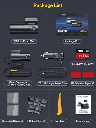 Відеореєстратор GKU 4K Dual з GPS, WiFi, ParkSurv, Нічне Бачення, WDR, 170° та G-Sensor. В комплекті SD-карта 64GB. Чорний