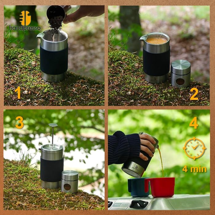 Handpresso - Travel Press with Bag | 0.35 Liters (2-3 Cups) | French Press Stainless Steel | Double-Walled Insulated Coffee Press | Thermo French Press Small for Camping or Travel