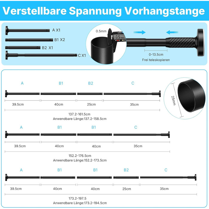 Штанга для карнизів без свердління 100-230 см, штанга для кріплення фіксаторів, 1 шт (діаметр 25 мм), регульована телескопічна штанга, штанга для душу, вікна та балкону (81-194 см, 1 шт, чорний)