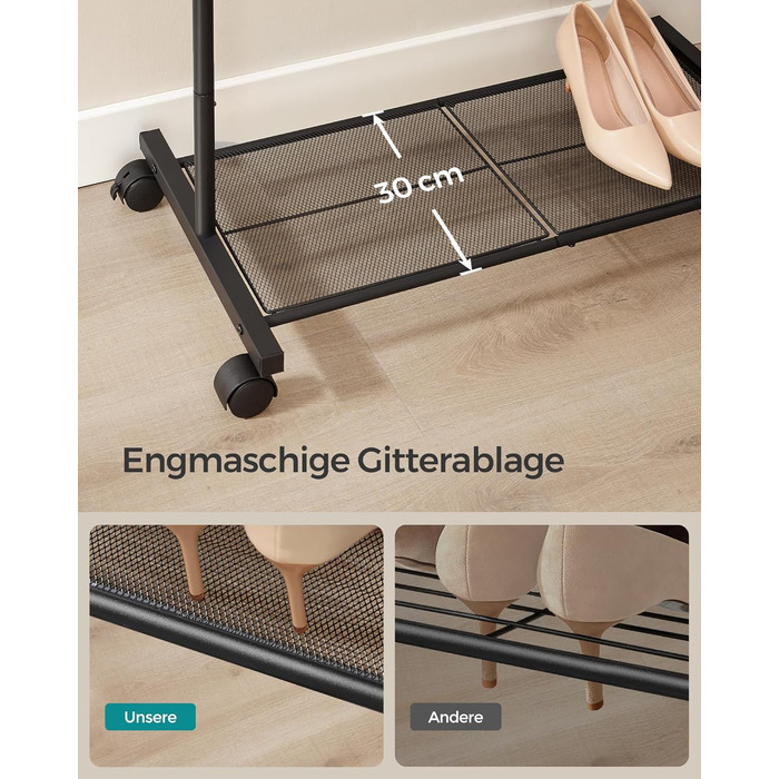 SONGMICS Clothes Rack, Rolling Garment Rack, Metal Wardrobe Stand, Rolling Wardrobe 91 cm wide, with Shelf, 2 Wheels with Brake, Rod Load Capacity up to 40 kg, HSR025A01 (Black, 74x40.5x158cm)