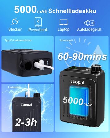 Портативний душ для кемпінгу Spopal 5000mAh, водонепроникний IPX8, з насосом, насадкою, гачком. Для туризму, пляжу, авто, миття тварин
