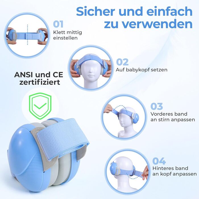 Навушники для захисту слуху для малюків 0-48 місяців (блакитні) - сертифіковані CE та ANSI