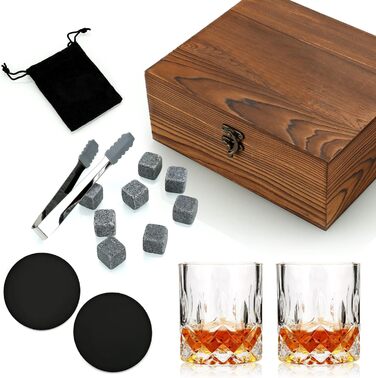 Склянки для віскі з гранітними кубиками, набір 2 шт, 310 мл, дерев'яна подарункова коробка