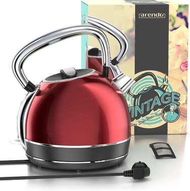 Arendo Retro Stainless Steel Kettle - 1.7L Electric Kettle with Replaceable Scale Filter, Cool Grey - Automatic Shutoff, GS Certified