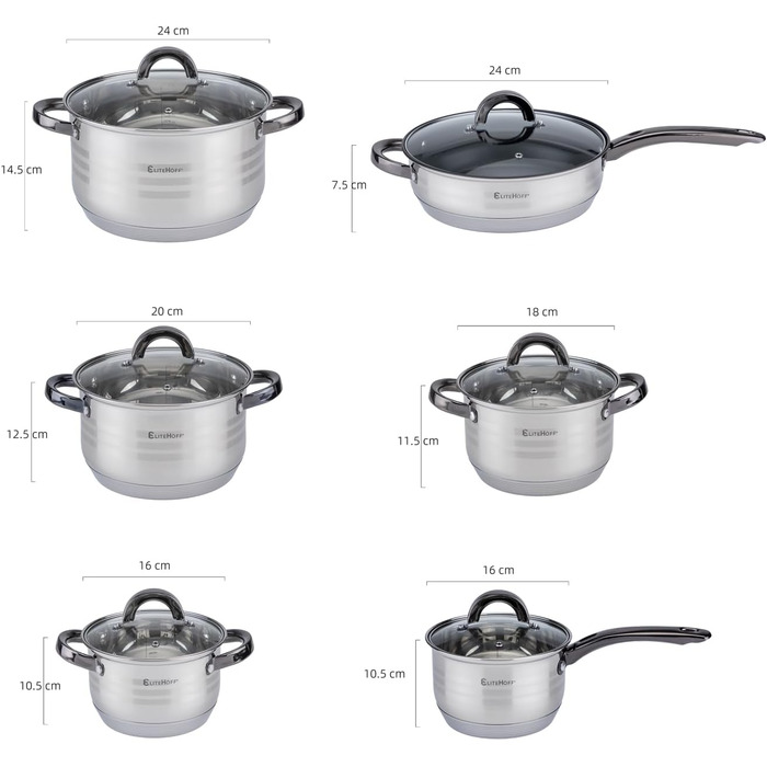 Набір посуду EliteHoff Induktion: 12-ти частинний набір каструль та сковорідок з нержавіючої сталі з кришками та чорними ручками, для всіх типів плит