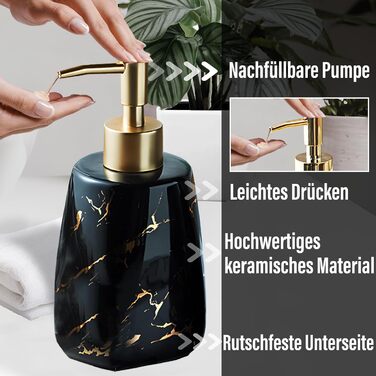 Набір аксесуарів для ванної кімнати XUDREZ з малюнком мармуру, кераміка, набір з 3 предметів: дозатор для лосьйону, стаканчик для зубних щіток, мильниця, чорний глянцевий, преміум якість