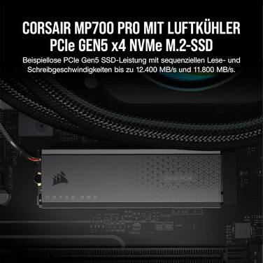 SSD Corsair MP700 PRO 2TB M.2 PCIe Gen5 x4 NVMe 2.0 - Швидкість до 11700 MB/s, TLC NAND, з кулером, чорний