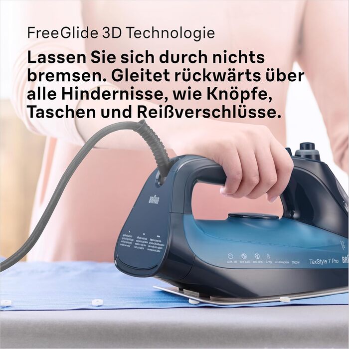 Праска з парою Braun TexStyle 7 Pro SI 7160 BL - Freeglide 3D підошва, вертикальний пар, 3000 Вт, блакитна