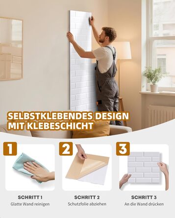 Акустичні панелі Jamelo самоклеючі 3D цегла, 30x30x0,9 см, 12 шт. — звукопоглинаючі панелі для стін у студію, спальню та офіс (Білий)