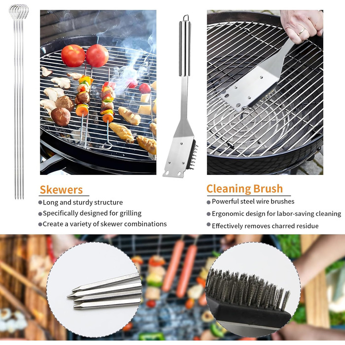 Набір гриль-посуду 11 предметів, 34 см, нержавіюча сталь, аксесуари для гриля: щипці, виделка, переносна сумка, практичний багатофункціональний набір для барбекю, подарунок для чоловіків, сріблястий