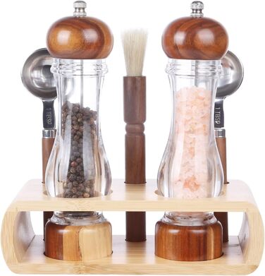 Набір для солі та перцю KKC з дерева, 8 дюймів, з регульованим керамічним механізмом, лопатки та щітка для дому та ресторану