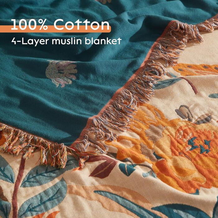 Богемна ковдра Softexly Boho Decke 100% бавовна – двостороння муслінова ковдра 150x200 см, м'яка софа та покривало для ліжка, естетичний дизайн, ідеально підходить для вітальні та спальні, помаранчевий/зелений, Blütentraum