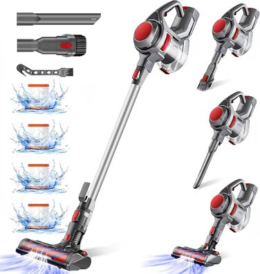 Бездротовий акумуляторний пилосос 40000Pa з 4 HEPA-фільтрами, 1.6L контейнером та HEPA-фільтрами для твердих поверхонь, килимів та шерсті тварин, 450W, 50 хвилин роботи, глибоке очищення, червоний