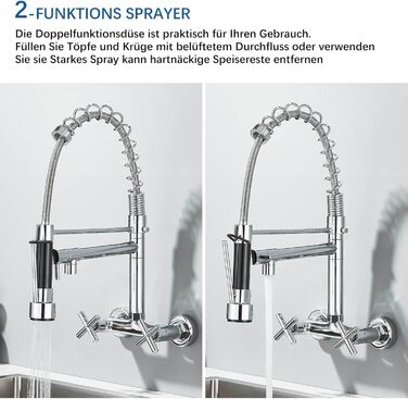 Кухонний змішувач з поворотним виливом 360°, з двома виходами, високий вигин, спіральна пружина, для мийки, брашований нікель (хром)