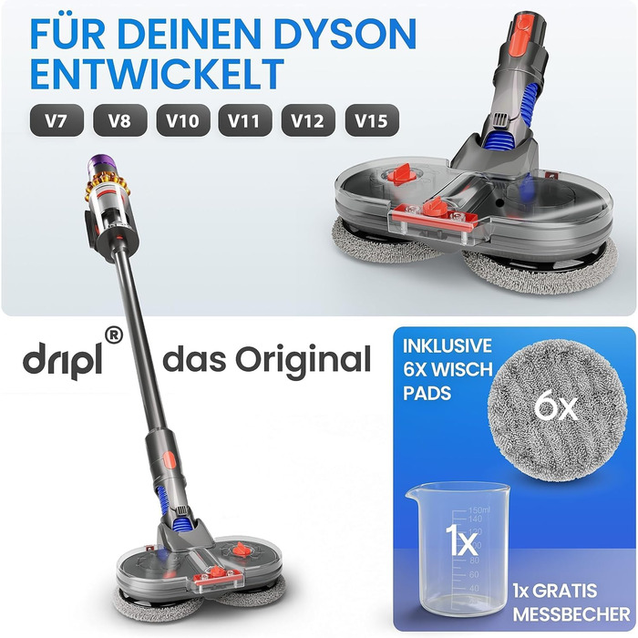 Насадка-мийник для пилососів Dyson V7/V8/V10/V11/V15/Gen5, електрична, з резервуаром для води та 6 моп-накладками + 1 контейнер для води