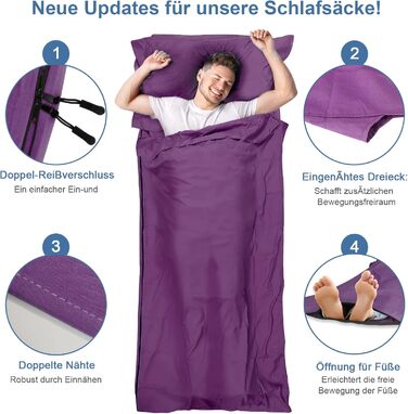 Спальний мішок туристичний 2в1 з мікрофібри, 220x95 см, для кемпінгу, хостелів та гірських притулків, зелений/фіолетовий