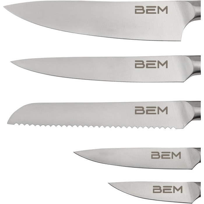 Набір кухонних ножів BEM Master Chef 6 шт. з підставкою: кухонний ніж, ніж для овочів, ніж для нарізки, універсальний ніж, ніж для хліба; шліфувальник, нержавіюча сталь