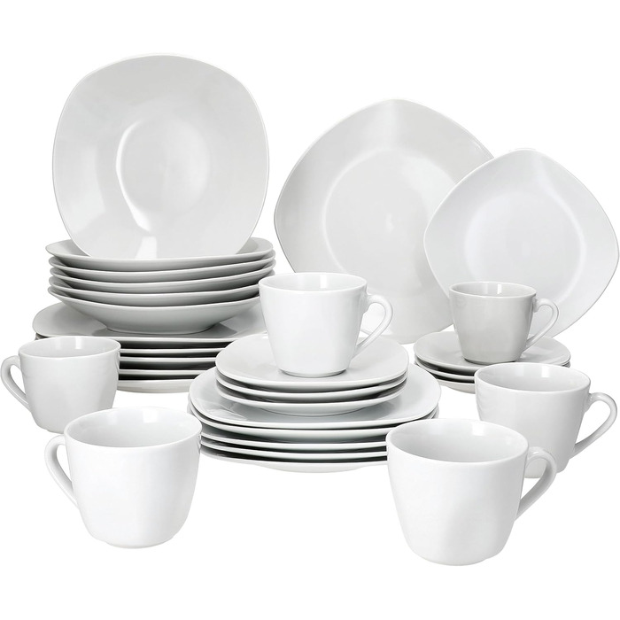MamboCat Lotta Комплект посуду 30 предметів, біле порцелянове посуд для 6 осіб | 6 кавових чашок, 6 тарілок під чашки, 6 десертних тарілок, 6 супових тарілок, 6 обідніх тарілок | Для ресторану, готелю та дому
