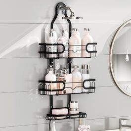 FOXWHALE Shower Shelf - Hanging Shower Rack with Razor Holder & Soap Holder and Multiple Hooks, Black, No Drilling Hanging Shower Basket for Bath Bombs, Towel, Bath Brush