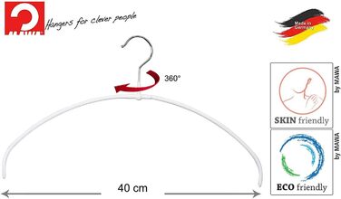 MAWA Clothes Hangers Light, Set of 20 space-saving and non-slip hangers, ideal for T-shirts, tops, and lightweight sweaters, with a 360° rotatable hook and non-slip coating, 40 cm, White