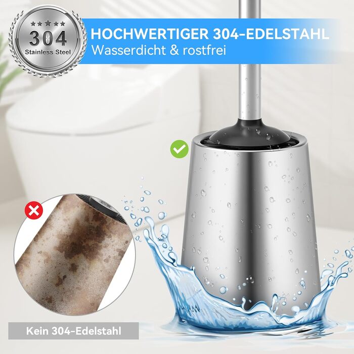 Торцева щітка для унітазу з нержавіючої сталі 304, довговічна та надійна, сучасний дизайн, змінний насадок, ідеальна для дому, офісу, готелю та квартири (геованізоване срібло), щітка з щетиною