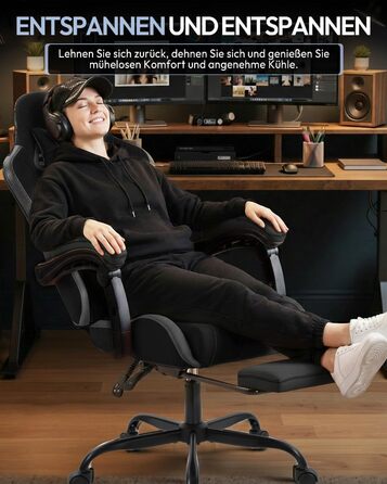 Геймерське крісло Nexthra Ergonomisch з підставкою для ніг, до 180 кг, чорне. Регульована спинка 150°, для геймінгу та офісу