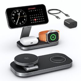 Бездротова зарядка 25W 3-в-1 з MagSafe, складана індуктивна магнітна зарядна станція для iPhone 17/Air/16/15/14/13/12, Apple Watch 10/9/8/7/6/SE/5/4/3 та AirPods Pro (з адаптером 35W), чорна