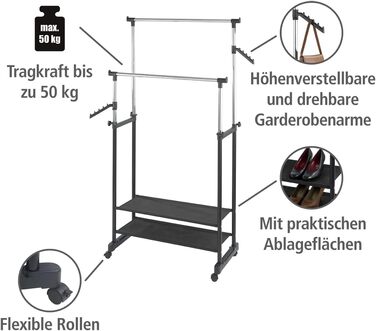 WENKO Clothes Rack Folding, Clothes Storage with Adjustable Clothes Rail and Wheels, Plastic/Metal, 88 x 100-168 x 11-49 cm, Chrome/Grey (169 x 43 x 89.5 cm)