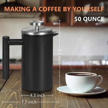 Make Large French Press Coffee Maker, Double Insulated 304 Stainless Steel French Press with 3 Extra Filters, 1.5 Liter Stainless Steel Coffee Machine (1500ml, Black) 1500ml Black