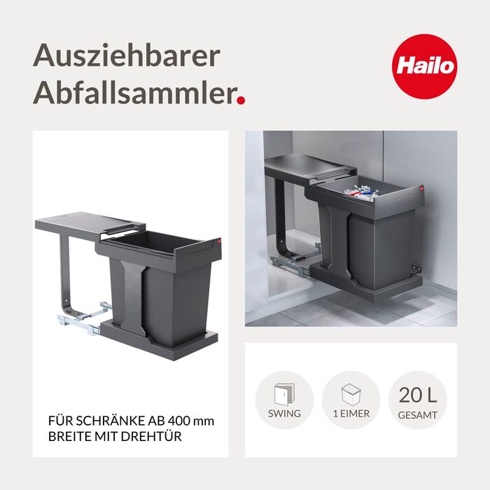 Hailo Solo Automatic Waste Bin - 20 Liter, Anthracit - Cabinet Mount, Drawer Pull-Out Waste Container